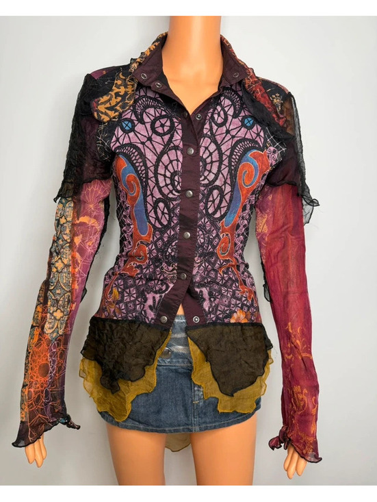 Tops - Save the Queen Vintage Gothic Stained Glass Patchwork Shirt Y2K Mesh Ruffle Hem